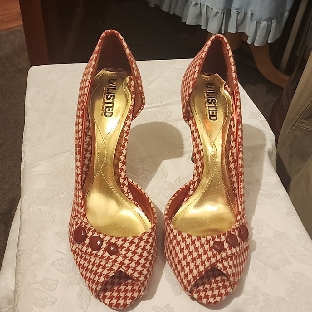 Unlisted Red and White Houndstooth Heels